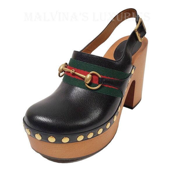 GUCCI SHOES HORSEBIT WEB BLACK LEATHER PLATFORM CLOGS w STUDS sz 39.5 9.5 - Picture 12 of 15